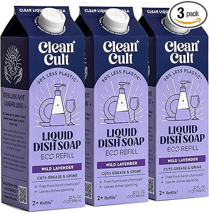Cleancult Dish Soap Liquid Refill, Cuts Grease & Grime, Free of Harsh Chemicals, Wild Lavender, 90% Less Plastic Paper Based Eco Package, Dish Washing and Cleaning for Dishes, Dishwashing, 32oz 3 Pack